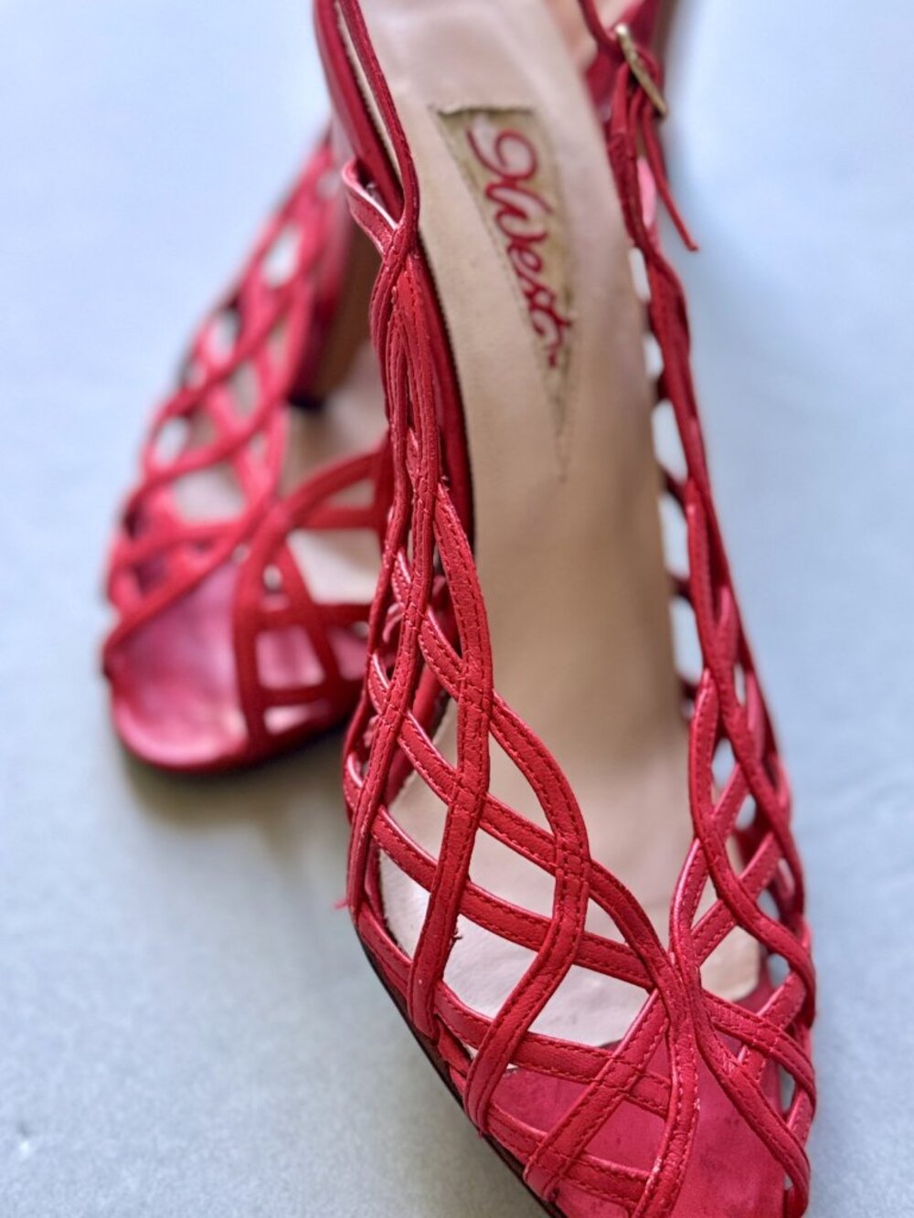 Nine West Red Leather Woven Cage Lattice Slingback Heel Sandal Size 8.5